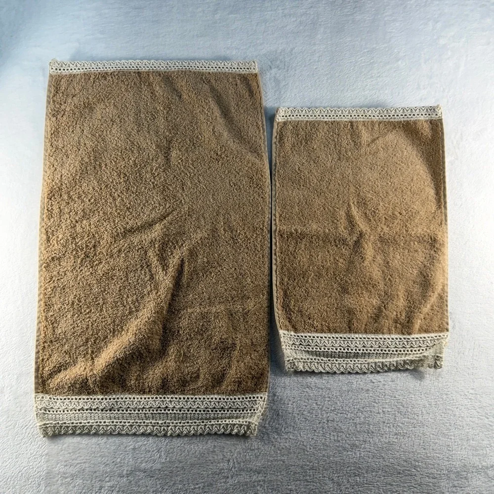 Premier Collection 3pc Towel Set Tan Cotton Crochet Lace Trim Made in Turkey